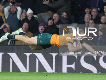 Australia's Max Jorgensen (Balmain Wolves) scores the winning try during the Autumn Nations Series between England and Australia (Wallabies)...