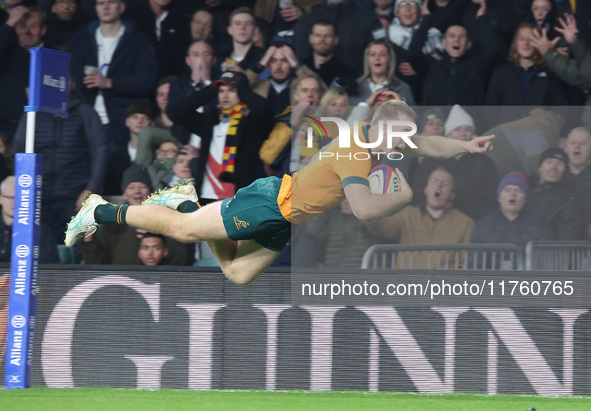 Australia's Max Jorgensen (Balmain Wolves) scores the winning try during the Autumn Nations Series between England and Australia (Wallabies)...