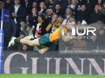 Australia's Max Jorgensen (Balmain Wolves) scores the winning try during the Autumn Nations Series between England and Australia (Wallabies)...