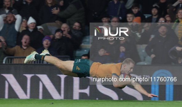 Australia's Max Jorgensen (Balmain Wolves) scores the winning try during the Autumn Nations Series between England and Australia (Wallabies)...