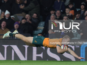 Australia's Max Jorgensen (Balmain Wolves) scores the winning try during the Autumn Nations Series between England and Australia (Wallabies)...