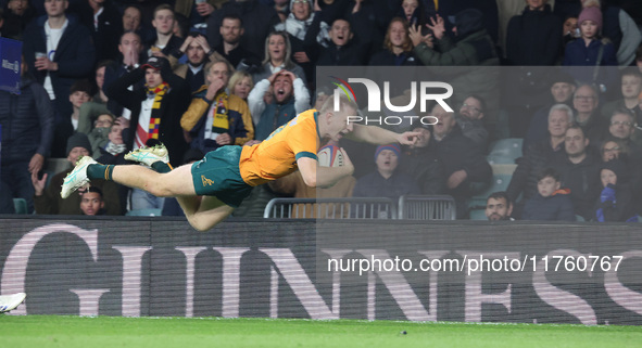 Australia's Max Jorgensen (Balmain Wolves) scores the winning try during the Autumn Nations Series between England and Australia (Wallabies)...