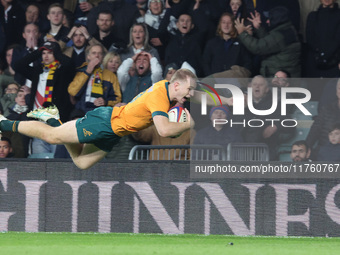 Australia's Max Jorgensen (Balmain Wolves) scores the winning try during the Autumn Nations Series between England and Australia (Wallabies)...