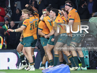 From left to right, Australia's Tate McDermott (Flinders Rugby Club), Australia's Ben Donaldson (Clovelly Eagles), and Australia's Nick Fros...