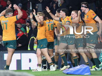 From left to right, Australia's Tate McDermott (Flinders Rugby Club), Australia's Ben Donaldson (Clovelly Eagles), and Australia's Nick Fros...