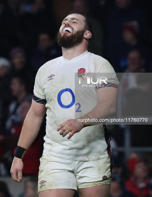 Ollie Sleightholme of England's Northampton Saints appears dejected after the final whistle during the Autumn Nations Series between England...