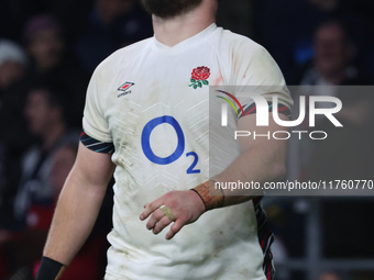 Ollie Sleightholme of England's Northampton Saints appears dejected after the final whistle during the Autumn Nations Series between England...