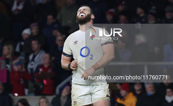 Ollie Sleightholme of England's Northampton Saints appears dejected after the final whistle during the Autumn Nations Series between England...