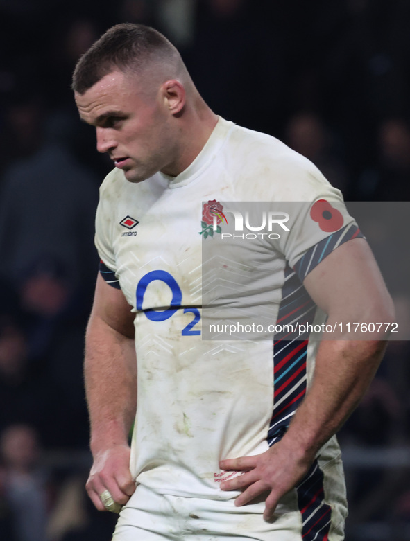 George Martin of England (Leicester City) appears dejected after the final whistle during the Autumn Nations Series between England and Aust...