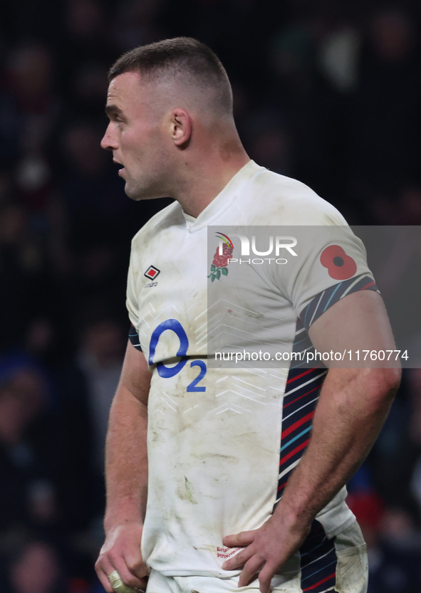 George Martin of England (Leicester City) appears dejected after the final whistle during the Autumn Nations Series between England and Aust...