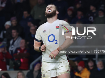 Ollie Sleightholme of England's Northampton Saints appears dejected after the final whistle during the Autumn Nations Series between England...