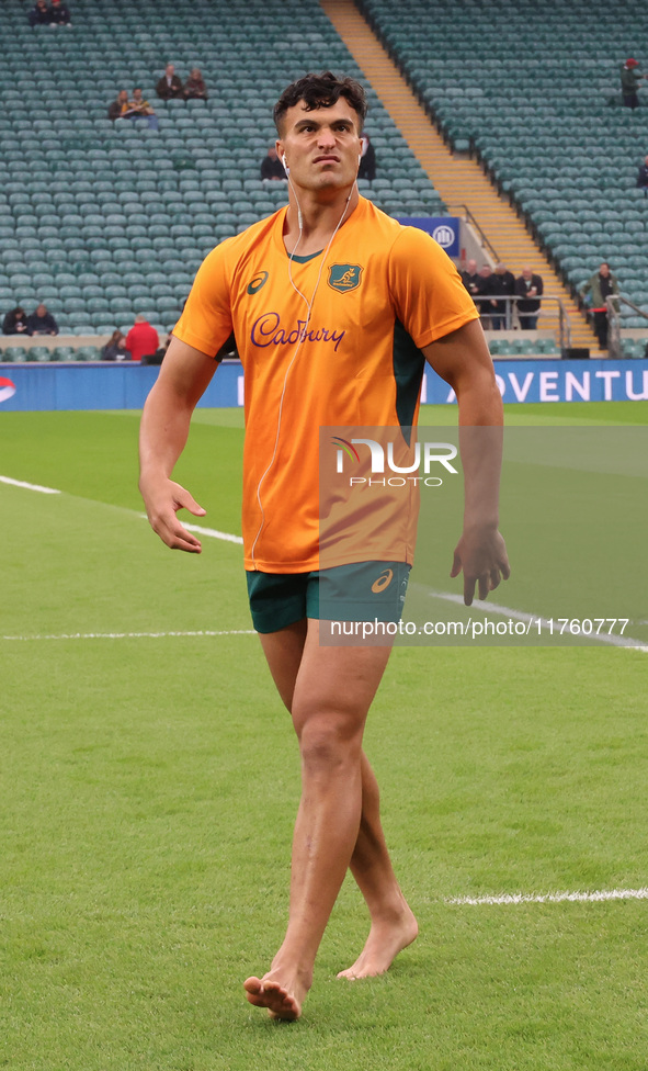 Australia's Joseph-Aukuso Suaalii (The Kings School) makes his debut before kickoff without boots during the Autumn Nations Series between E...