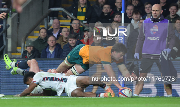 Australia's Jeremy Williams (Wahroonga Tigers) scores his try during the Autumn Nations Series between England and Australia (Wallabies) at...