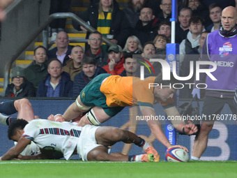 Australia's Jeremy Williams (Wahroonga Tigers) scores his try during the Autumn Nations Series between England and Australia (Wallabies) at...