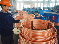 A worker of Yangfan Copper (Anhui) Co LTD works on a production line at the Yuexi County Economic Development Zone in Anqing, China, on Nove...