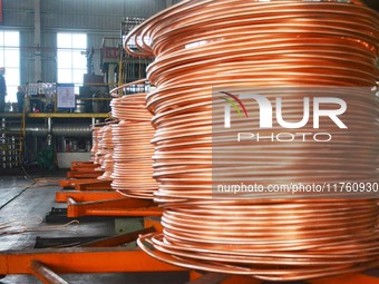 A worker of Yangfan Copper (Anhui) Co LTD works on a production line at the Yuexi County Economic Development Zone in Anqing, China, on Nove...