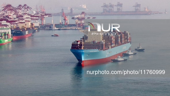 The Maersk Halifax, on the Central and South America route, berths at the Qianwan Container Terminal of Qingdao Port in Qingdao, Shandong Pr...