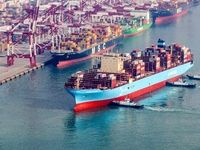 The Maersk Halifax, on the Central and South America route, berths at the Qianwan Container Terminal of Qingdao Port in Qingdao, Shandong Pr...