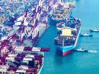 The Maersk Halifax, on the Central and South America route, berths at the Qianwan Container Terminal of Qingdao Port in Qingdao, Shandong Pr...