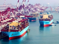 The Maersk Halifax, on the Central and South America route, berths at the Qianwan Container Terminal of Qingdao Port in Qingdao, Shandong Pr...