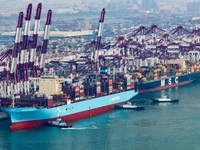 The Maersk Halifax, on the Central and South America route, berths at the Qianwan Container Terminal of Qingdao Port in Qingdao, Shandong Pr...