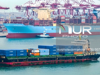 The Maersk Halifax, on the Central and South America route, berths at the Qianwan Container Terminal of Qingdao Port in Qingdao, Shandong Pr...