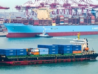 The Maersk Halifax, on the Central and South America route, berths at the Qianwan Container Terminal of Qingdao Port in Qingdao, Shandong Pr...