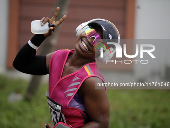 A woman shows excitement during the ninth edition of the Lagos Women Run 2024, a 10km female road race, tagged ''More Than a Run,'' held at...