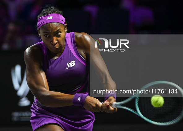 RIYADH, SAUDI ARABIA - NOVEMBER 09: Coco Gauff of USA during the Final match against Quinwen Zheng of China on Day 8 of the 2024 WTA Finals,...