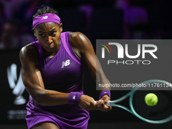 RIYADH, SAUDI ARABIA - NOVEMBER 09: Coco Gauff of USA during the Final match against Quinwen Zheng of China on Day 8 of the 2024 WTA Finals,...