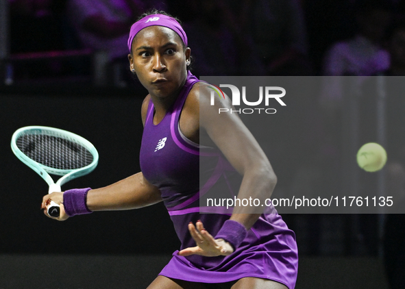 RIYADH, SAUDI ARABIA - NOVEMBER 09: Coco Gauff of USA during the Final match against Quinwen Zheng of China on Day 8 of the 2024 WTA Finals,...