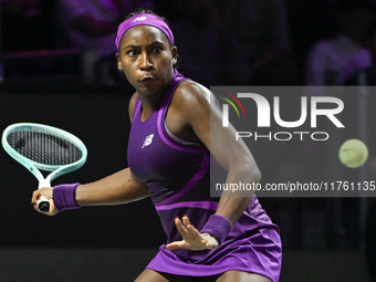 RIYADH, SAUDI ARABIA - NOVEMBER 09: Coco Gauff of USA during the Final match against Quinwen Zheng of China on Day 8 of the 2024 WTA Finals,...