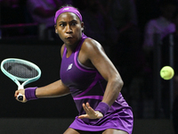 RIYADH, SAUDI ARABIA - NOVEMBER 09: Coco Gauff of USA during the Final match against Quinwen Zheng of China on Day 8 of the 2024 WTA Finals,...