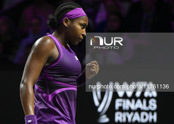 RIYADH, SAUDI ARABIA - NOVEMBER 09: Coco Gauff of USA during the Final match against Quinwen Zheng of China on Day 8 of the 2024 WTA Finals,...