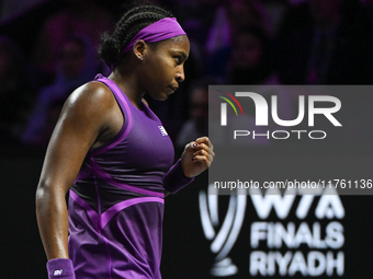 RIYADH, SAUDI ARABIA - NOVEMBER 09: Coco Gauff of USA during the Final match against Quinwen Zheng of China on Day 8 of the 2024 WTA Finals,...