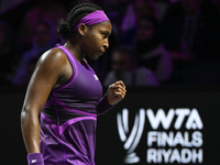 RIYADH, SAUDI ARABIA - NOVEMBER 09: Coco Gauff of USA during the Final match against Quinwen Zheng of China on Day 8 of the 2024 WTA Finals,...