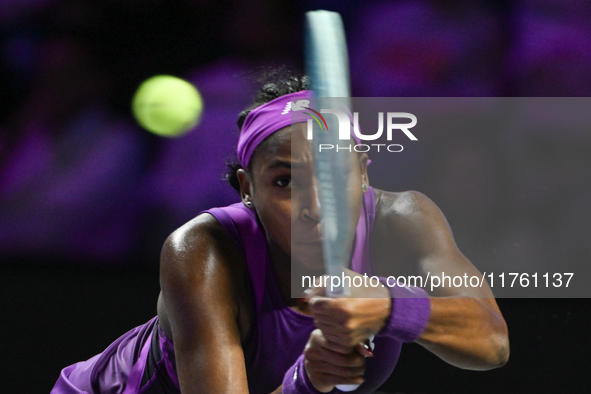 RIYADH, SAUDI ARABIA - NOVEMBER 09: Coco Gauff of USA during the Final match against Quinwen Zheng of China on Day 8 of the 2024 WTA Finals,...