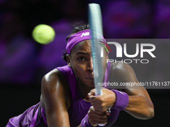 RIYADH, SAUDI ARABIA - NOVEMBER 09: Coco Gauff of USA during the Final match against Quinwen Zheng of China on Day 8 of the 2024 WTA Finals,...