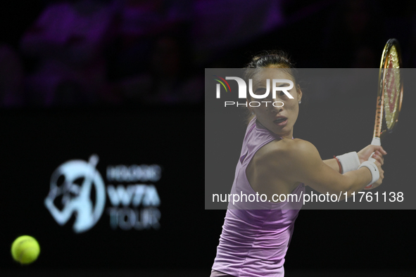 RIYADH, SAUDI ARABIA - NOVEMBER 09: Quinwen Zheng of China during the Final match against Coco Gauff of USA on Day 8 of the 2024 WTA Finals,...