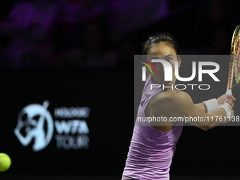 RIYADH, SAUDI ARABIA - NOVEMBER 09: Quinwen Zheng of China during the Final match against Coco Gauff of USA on Day 8 of the 2024 WTA Finals,...