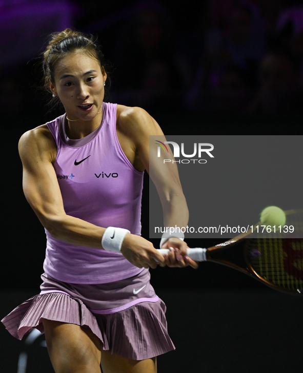 RIYADH, SAUDI ARABIA - NOVEMBER 09: Quinwen Zheng of China during the Final match against Coco Gauff of USA on Day 8 of the 2024 WTA Finals,...