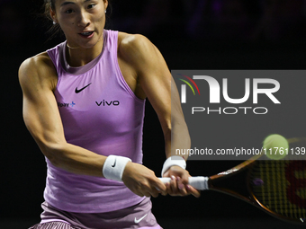 RIYADH, SAUDI ARABIA - NOVEMBER 09: Quinwen Zheng of China during the Final match against Coco Gauff of USA on Day 8 of the 2024 WTA Finals,...