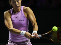 RIYADH, SAUDI ARABIA - NOVEMBER 09: Quinwen Zheng of China during the Final match against Coco Gauff of USA on Day 8 of the 2024 WTA Finals,...