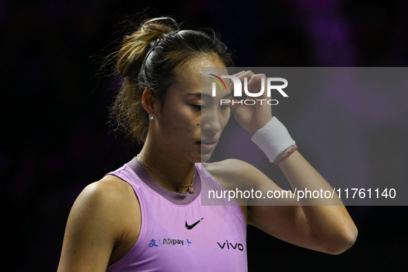 RIYADH, SAUDI ARABIA - NOVEMBER 09: Quinwen Zheng of China during the Final match against Coco Gauff of USA on Day 8 of the 2024 WTA Finals,...