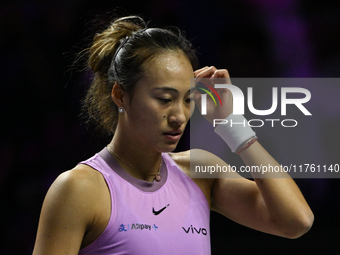 RIYADH, SAUDI ARABIA - NOVEMBER 09: Quinwen Zheng of China during the Final match against Coco Gauff of USA on Day 8 of the 2024 WTA Finals,...