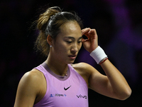 RIYADH, SAUDI ARABIA - NOVEMBER 09: Quinwen Zheng of China during the Final match against Coco Gauff of USA on Day 8 of the 2024 WTA Finals,...