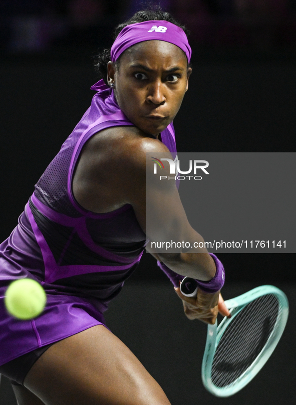 RIYADH, SAUDI ARABIA - NOVEMBER 09: Coco Gauff of USA during the Final match against Quinwen Zheng of China on Day 8 of the 2024 WTA Finals,...