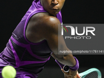 RIYADH, SAUDI ARABIA - NOVEMBER 09: Coco Gauff of USA during the Final match against Quinwen Zheng of China on Day 8 of the 2024 WTA Finals,...