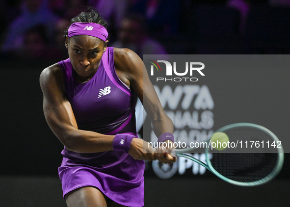 RIYADH, SAUDI ARABIA - NOVEMBER 09: Coco Gauff of USA during the Final match against Quinwen Zheng of China on Day 8 of the 2024 WTA Finals,...