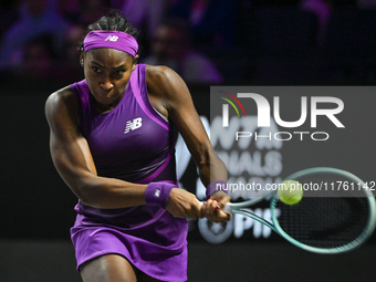 RIYADH, SAUDI ARABIA - NOVEMBER 09: Coco Gauff of USA during the Final match against Quinwen Zheng of China on Day 8 of the 2024 WTA Finals,...